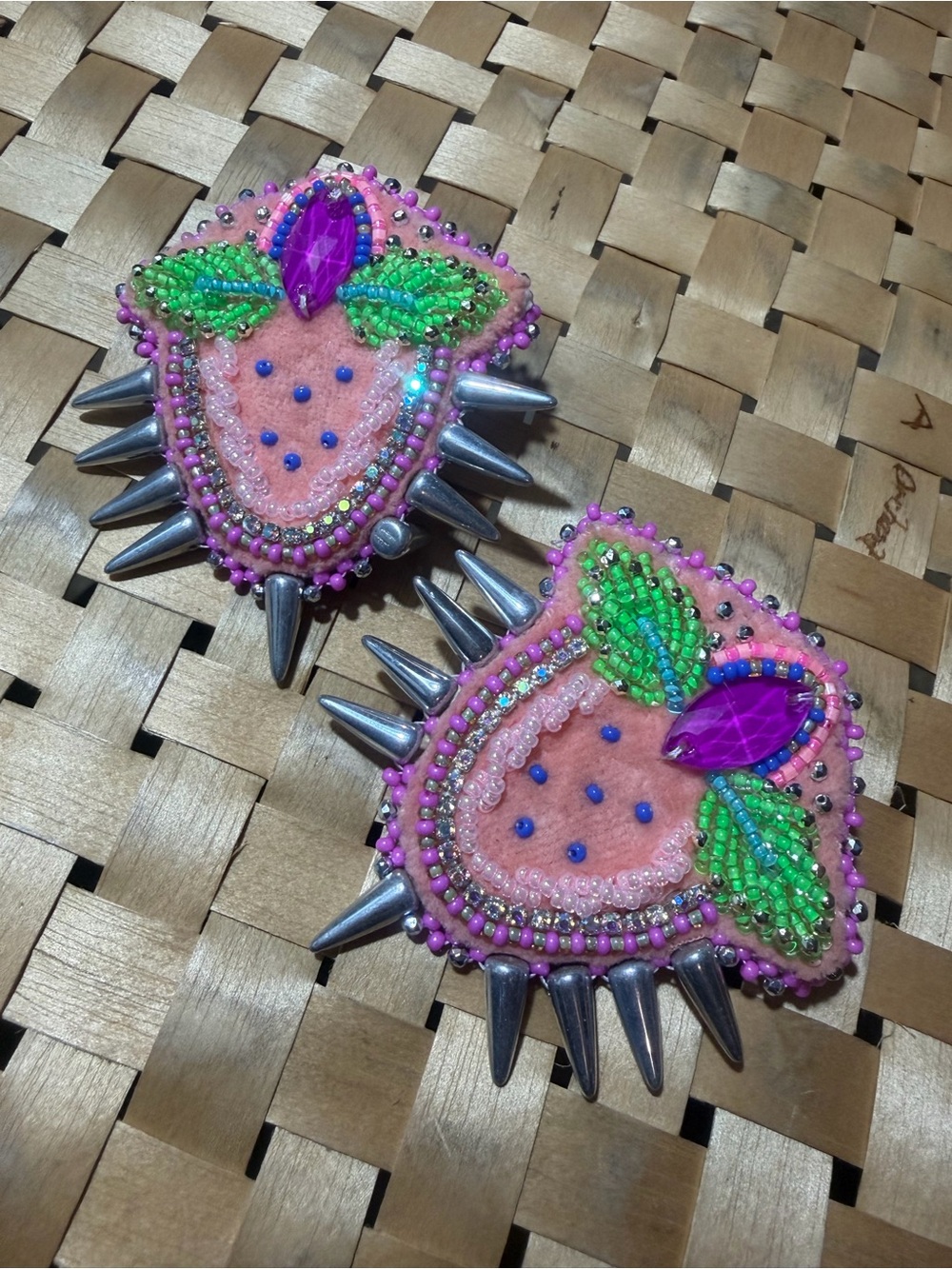 Beaded Pink Peach Spike Embellishment Earrings Iroquois style.